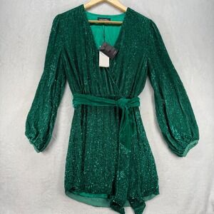 Retroféte‎ Julie Sequined Blouson-Sleeve Mini Wrap Dress Emerald Green Size XS
